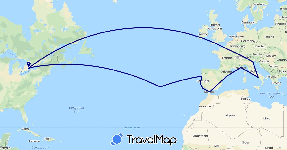 TravelMap itinerary: driving in Canada, Spain, France, Gibraltar, Italy, Monaco, Portugal (Europe, North America)